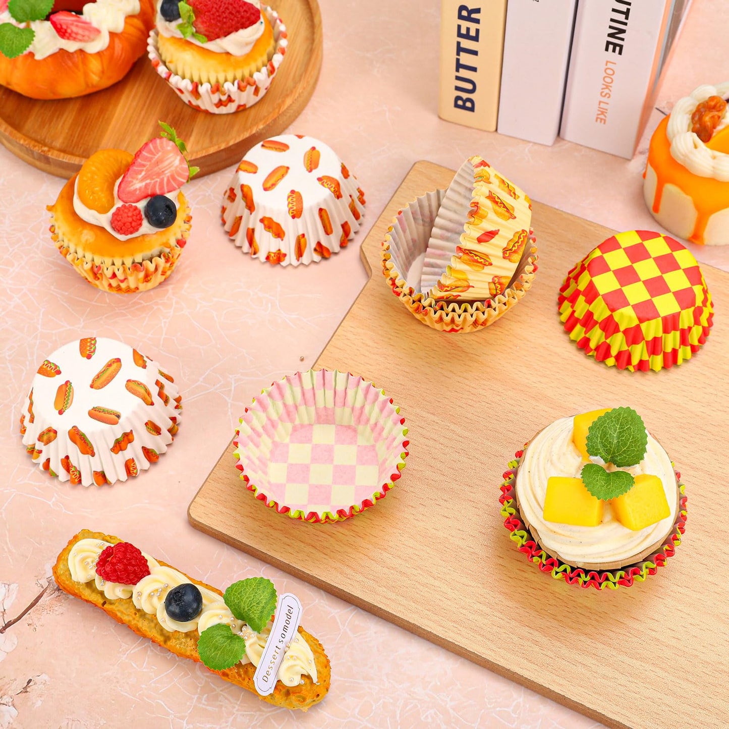 FYSUIMU 300Pcs Hotdog Cupcake Liners Hot Dog Day Baking Cups Standard Muffin Cupcake Wrappers for Summer Holiday Birthday Theme Party Supplies