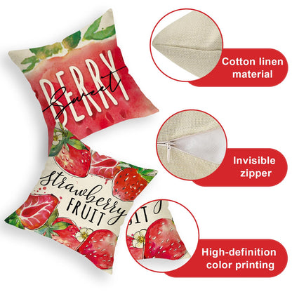 Ussap Spring Summer Strawberry Decorative Throw Pillow Covers 20 x 20 Set of 4, Life is Sweet Red Fruit Cushion Case Decor, Sweet Berry Seasonal Home Decoration for Sofa Couch