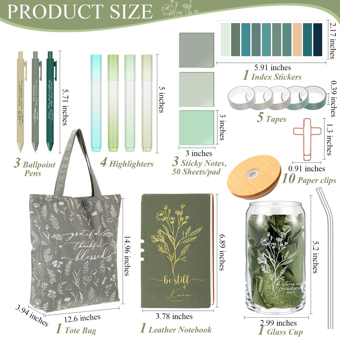 Singhoow 29 Pcs Bible Journaling Supplies Kit 16 oz Glass Cup Canvas Bag Leather Notebook Highlighters Pens Sticky Note Tapes Bible Study Supplies for Women Sunday School Teacher(Green, Boho)