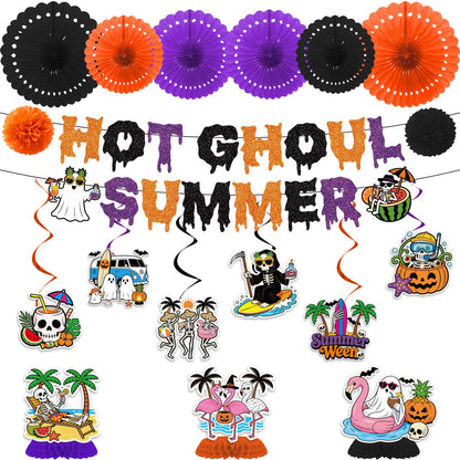 Musaeva Happy Summer Ween Party Decorations, 19PCS Summer Halloween Banners with Hanging Swirls Decorations, Hot Ghoul Paper Fans with Paper Poms Decor for Hallows' Eve Ghost Supplies