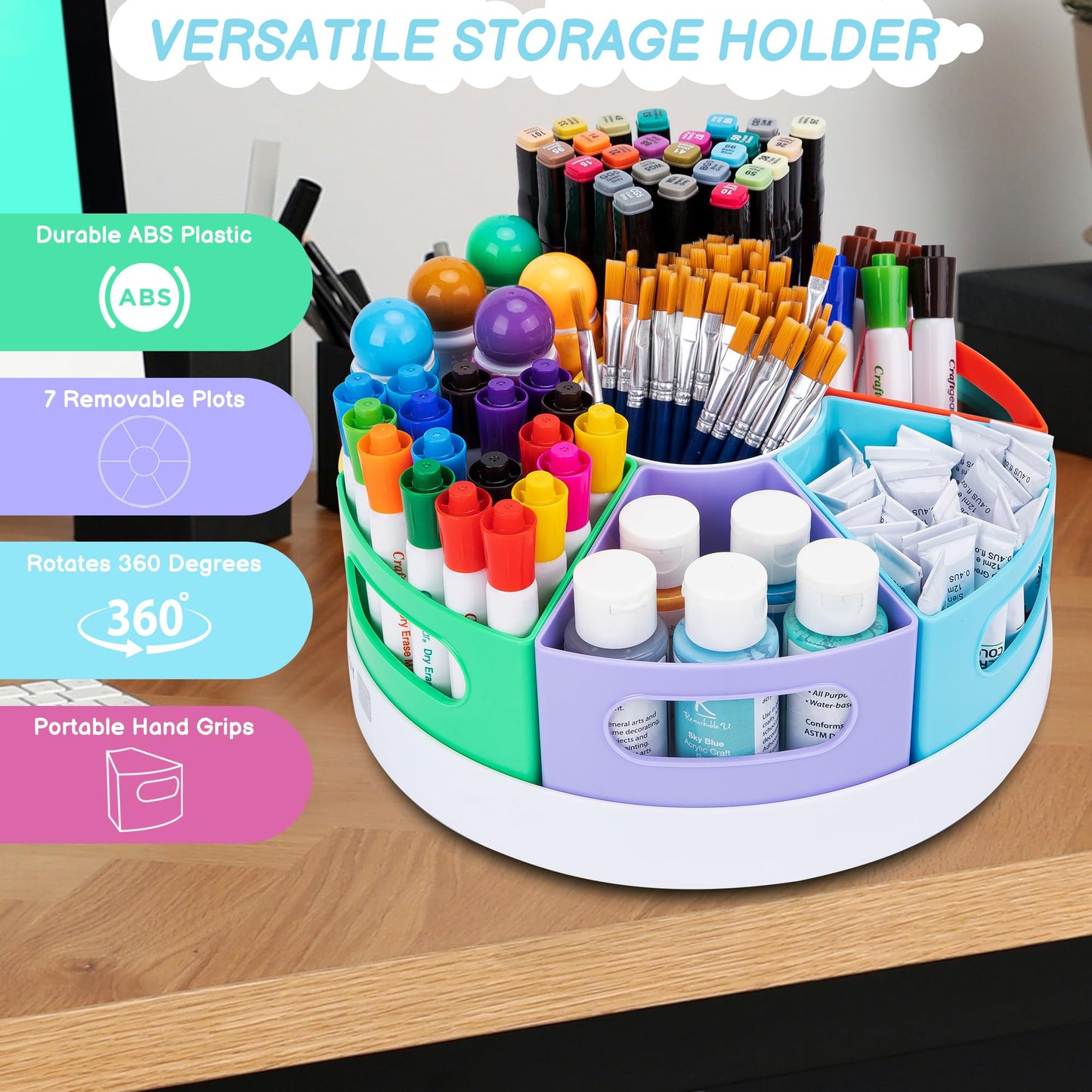 CraftGenes Art Supply Organizer, Extra Large 360 Degree Rotating Pencil Caddy with 7 Removable Compartments, Rainbow Marker Organizer and Craft Caddy for Kids, Teachers, Classroom, School