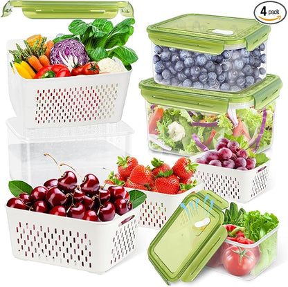 TBMax 8 Pieces Airtight Fruit Storage Containers for Fridge with Air Circulation Vent, 4 Pack Produce Saver with Colander for Berry Lettuce Salad Vegetable Storage, Refrigerator Organizers- Green