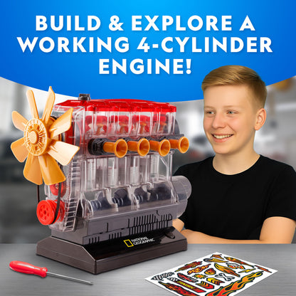 National Geographic 4-Cylinder Engine Building Kit – 175+ Piece Working Model with Moving Parts, Clear Visible Engine Model, STEM Building Toy with Tools & Learning Guide for Kids