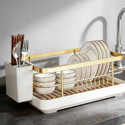 Dish Drying Rack for Kitchen Counter - Space-Saving Gold Dish Rack with Drip Tray & Cutlery Holder, Carbon Steel Removable Dish Drainer Rack