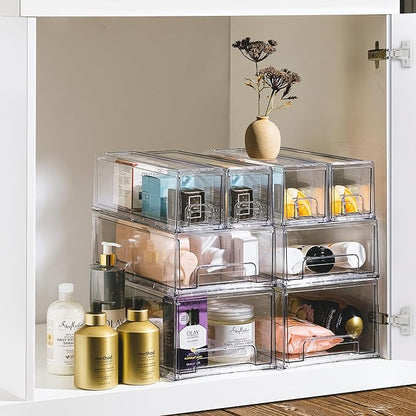 Sorbus 1 Large & 2 Small Clear Stackable Storage Drawers – Plastic Organizer Bins with Handles – Stackable Pull-Out Storage Drawers for Closet, Pantry, Office, Bathroom, Craft, and Toy Organization