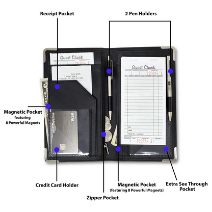 Brinero Premium Server Book, Newly Improved Bulk Pockets Stronger Magnets, 2 Pen Holders, Zipper Pocket, Firm Writing Surface