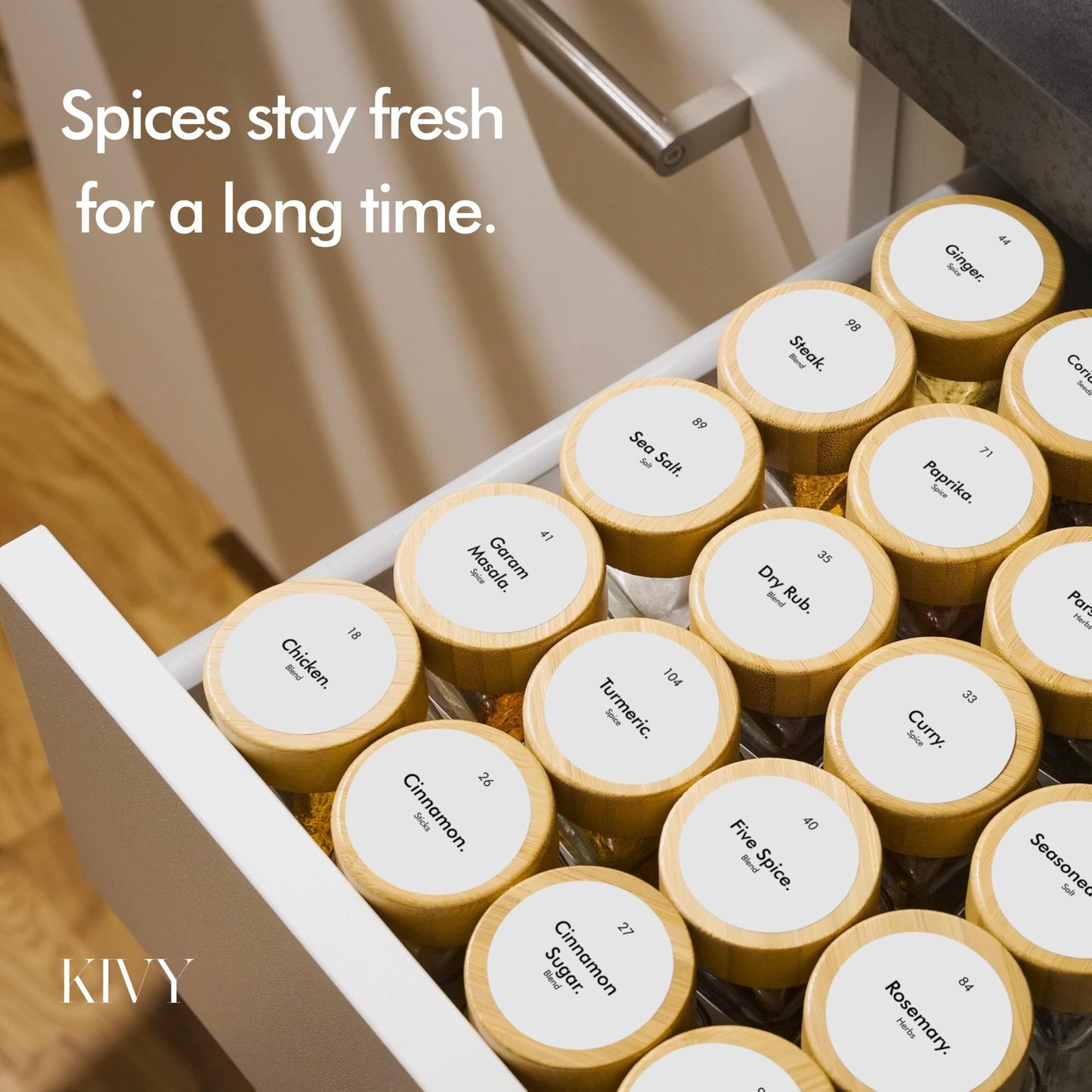 KIVY Spice Jars with Labels [24x 4oz] Glass Seasoning Containers with Airtight Lids for Organization - Empty Square Bottles for Spices & Seasonings with Shaker Lids - Spice Containers Bamboo