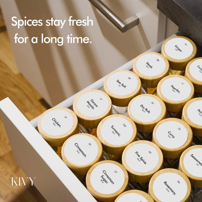 KIVY Spice Jars with Labels [24x 4oz] Glass Seasoning Containers with Airtight Lids for Organization - Empty Square Bottles for Spices & Seasonings with Shaker Lids - Spice Containers Bamboo