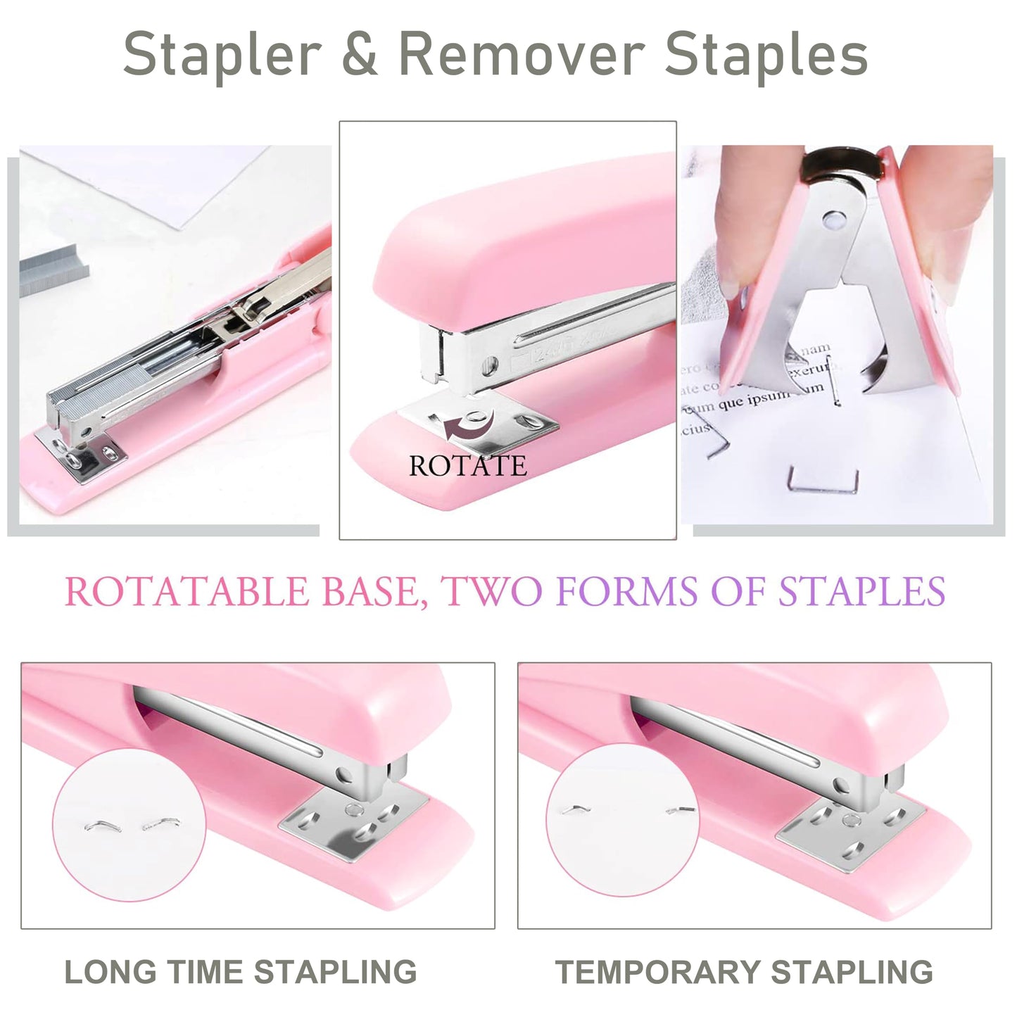 Pink Desk Accessories, Pink Office Supplies Accessories with Tape Dispenser, Stapler, Staple Remover, 1000 Staples, Tape, Clips Set, Ruler, Scissor, Pen