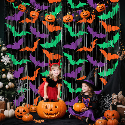 Ycitusi 2 Packs Bat Foil Fringe Curtains - Purple Orange Green Halloween Door Streamers for Photo Backdrop, 3.3 x 6.6 ft Tinsel Curtains for Beetlejuice, Monster or Neon Glow Party Decorations