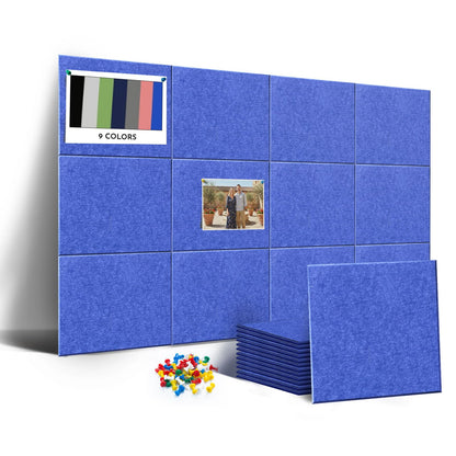 MISSDAY Blue Acoustic Wall Panel Felt Bulletin Board 48" x 36" Cork Board for Wall, 12-Pack Boards with 72 Removable Adhesive Tabs, 50 Pins, Pin Board for Home Office Classroom Soundproof Wall Tile