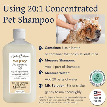 Bobbi Panter Puppy Dog Shampoo Milk Protein, Jasmine, Sunflower & Chamomile – Gentle Nourishing Formula for Puppies & Sensitive Skin, Tear-Free, 30:1 Concentrate, Made in USA, 14 oz