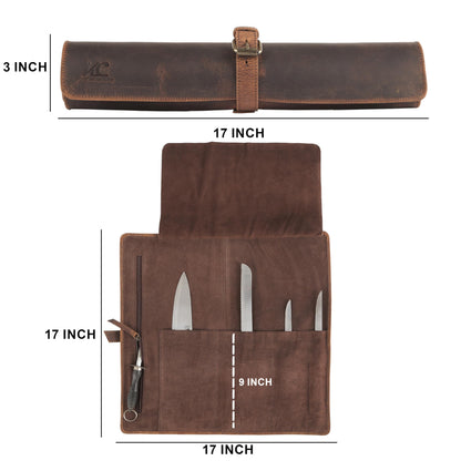 Leather Knife Roll Bag for Chefs – 17.5” x 17.5” Professional Chef Knife Storage Organizer, Portable Culinary Knife Case, Travel Knife Roll for Kitchen, BBQ & Catering