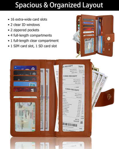 Sunpour Wallets for Women RFID Blocking Trifold Wallet, Large Capacity Leather Ladies Wallet with Credit Card Holder and Zipper Pocket