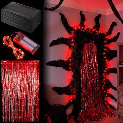 Tingjoo 12 Pcs Weird Themed Door Party Decoration with Spooky Red Black Foil Curtain Tablecloth LED Light Weird Themed Door Decor for Welcome to the Other Side Backdrop Photo Prop Birthday Halloween