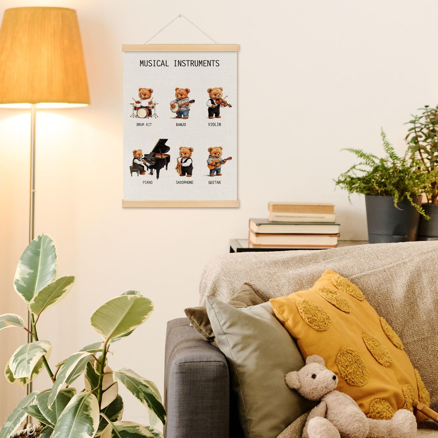 MOTERMATE Musical Bear Nursery Classroom Poster Hanger Frame, Musical Instruments Educational Wall Hanging Decor Art Framed for Kids Nursery Room, Music Educational Wall Poster Prints, 12x16 Inch