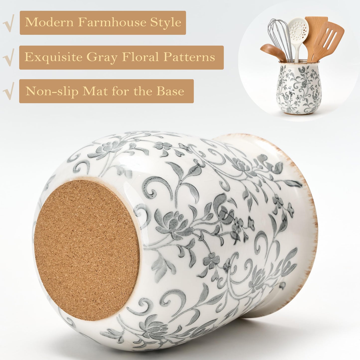 Utensil Holder for Kitchen Counter, Modern Farmhouse Cooking Utensil Holder and Crock Home Kitchen Decor, Ceramic Utensil Organizer for Spatula, Ladle, Eggbeater, Rolling Pin- Gray Flower Patterns