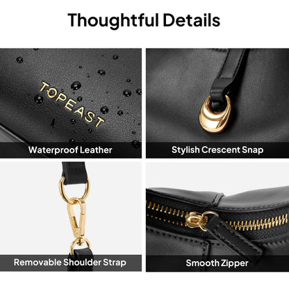 TOPEAST Purses for Women, Crescent Shoulder Bag, Small Soft Leather Trendy Hobo Handbags with Crescent Snap & Removable Strap for Everyday Going Out, Black Purse