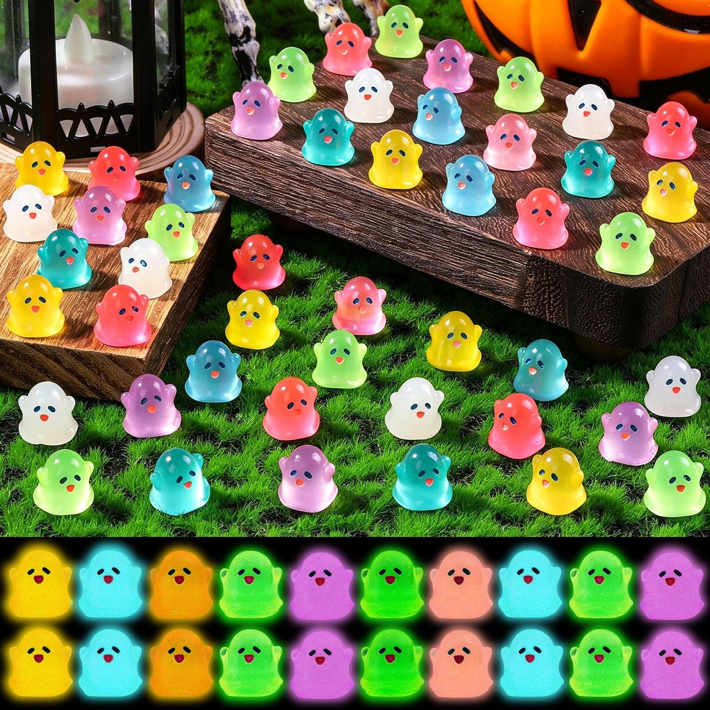 Vellibring 145pcs Halloween Luminous Mini Resin Ghost Figurines Glow in The Dark Cute Miniature Ghost Statue Micro Landscape Accessories for Halloween Party Favors Dollhouse Decorations