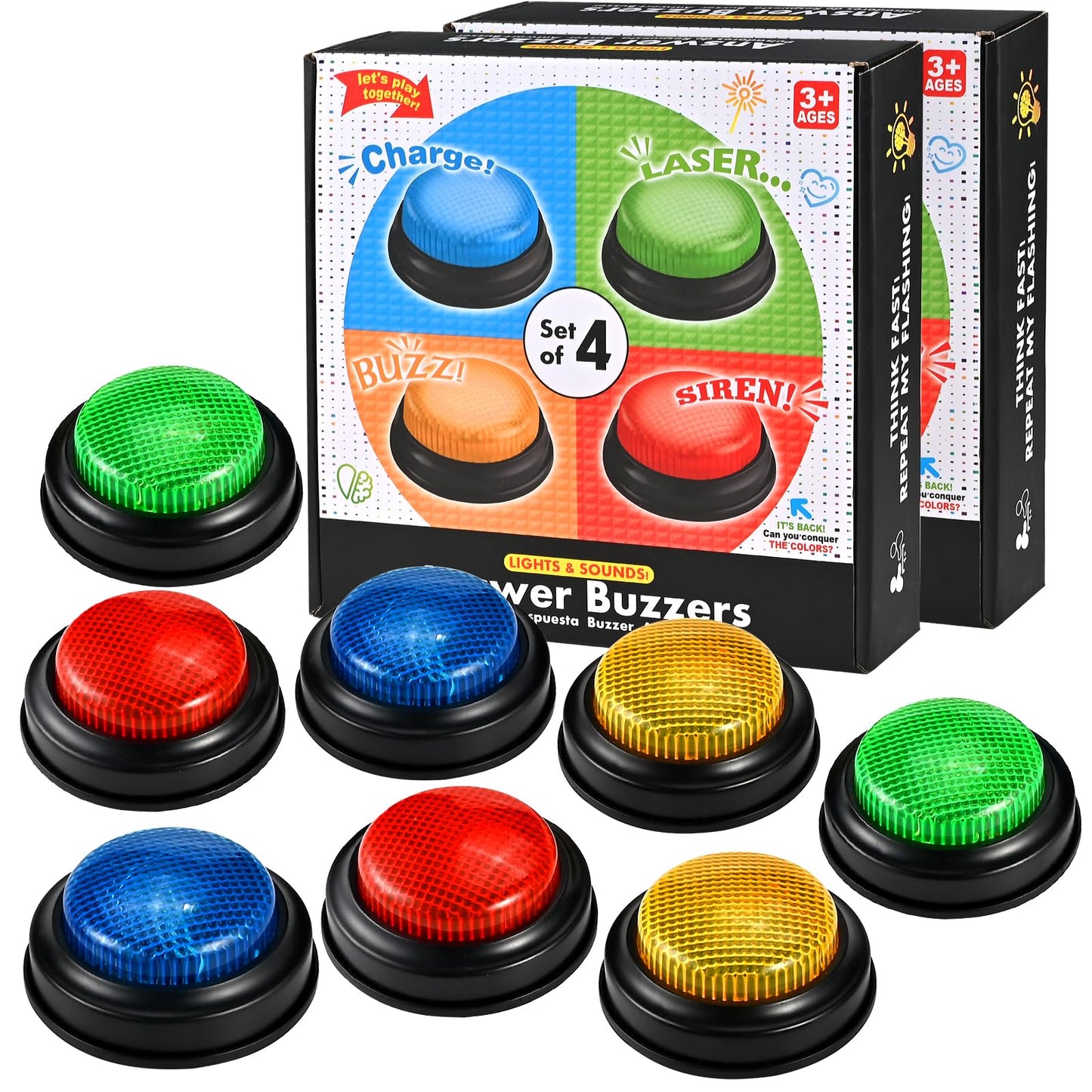 Faburo 8pcs Buzzers for Trivia Games, Game Show Buzzers Buttons with 4 Lights Color and 4 Sounds, Answer Buzzer for Jeopardy Buzzer, Family Feud Game, Classroom Must Have, Games Night