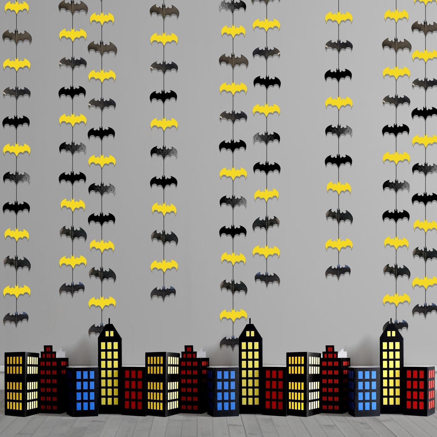 Cheerland Bat Birthday Decorations Black and Yellow Super Hero Birthday Party Supplies Bat Themed Streamers Photo Backdrop Hanging Paper Comic Book Superhero Garland Kids Party Supplies Decor 10 Pcs
