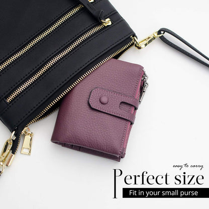 Bveyzi Small Soft Leather Wallet for Women RFID Blocking Ladies Card Holder with Double Zipper Pocket (Deep Plum)