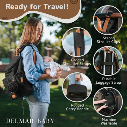 DELMAR BABY Large Diaper Bag Backpack for Mom & Dad | Unisex Baby Travel Bag | 15 Pockets | Changing Pad | Stroller Straps | Stylish & Washable | Newborn Essentials | Black