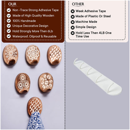 Indian Shelf 6 Lb Decorative Wood Adhesive Wall Hooks–Boho Peel and Stick Hooks for Keys, Hats, Towels, Bags & Entryway Decor, Self Adhesive Wall Mounted Hooks for Home Organization -6 Pieces