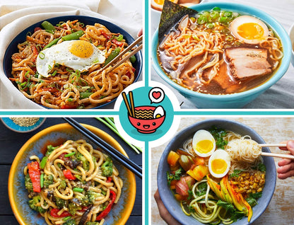 Practimondo 4 Noodle Bowls Set - large 32oz Ramen Bowl Set for authentic Asian Cuisine - with Dipping Bowls, Spoons, Chopsticks & Chopstick Stands. Enjoy Thai Miso Udon Wonton (4 Bowl Set, Red-Black)