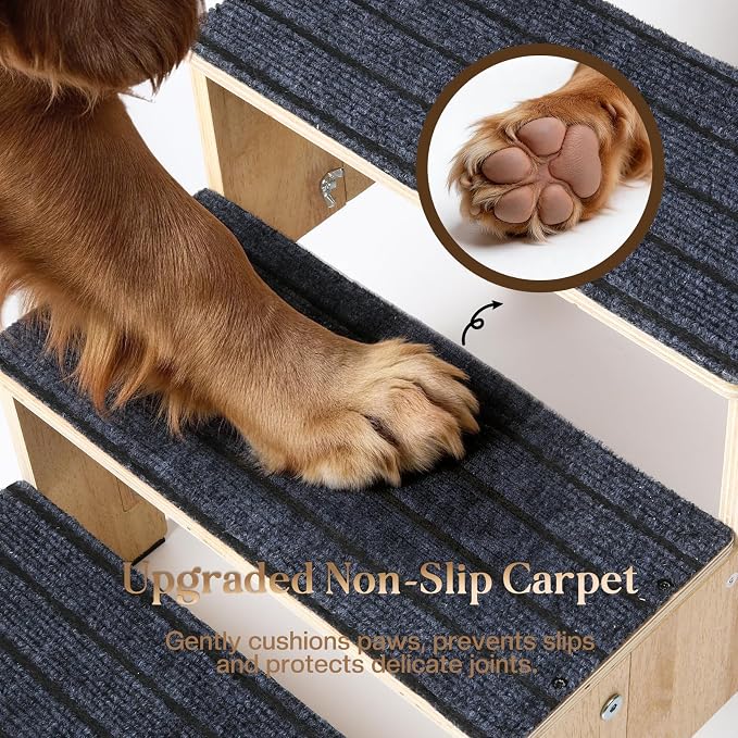 5-Step Wooden Dog Steps for Bed, Anti-Slip Dog Stairs with Carpet Pads, 23.6 Inches Pet Ramp for Dogs to Get on Bed, Pet Stairs for Old & Senior Dogs/Cats, Pet Steps Ladder for High Beds/Couch Sofa
