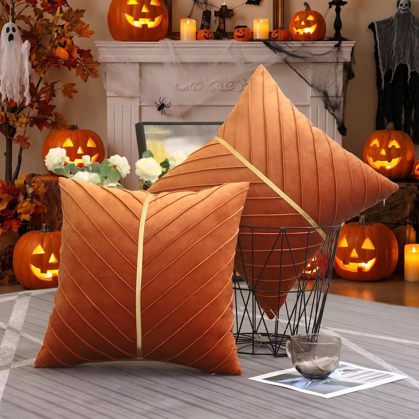 Tosleo Burnt Orange Velvet Throw Pillow Covers 16x16 Pack of 2 with Gold Leather Christmas Decorative Couch Pillowcases Luxury Modern Soft Pillow Cover for Fall Autumn Halloween Thanksgiving Decor