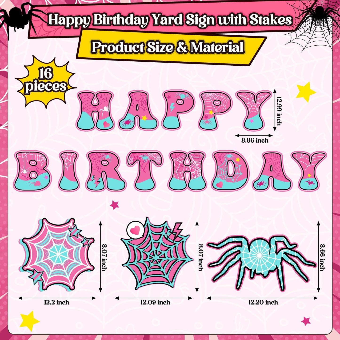 Soulchen 78 Pcs Spider Happy Birthday Party Decorations 13'' Spider Yard Signs with 60 Latex Balloons Decor Happy Birthday Letter Lawn Signs with Stakes for Outdoor Yard Lawn