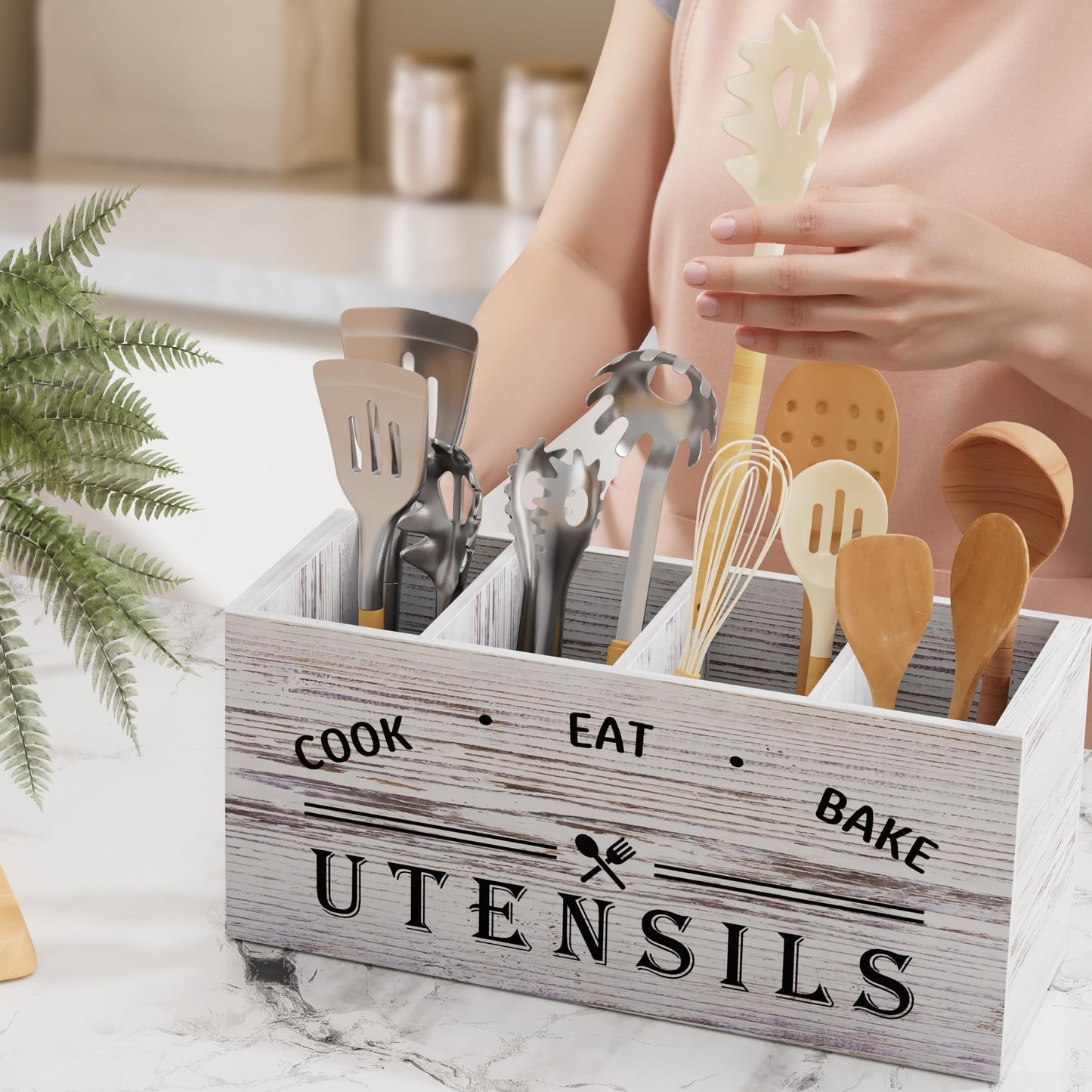 ZUJJAFY Utensil Holder for Kitchen Counter, Large Kitchen Utensil Holder for Countertop with 4 Compartments, Wooden Cooking Utensil Organizer for Spatula Storage, White