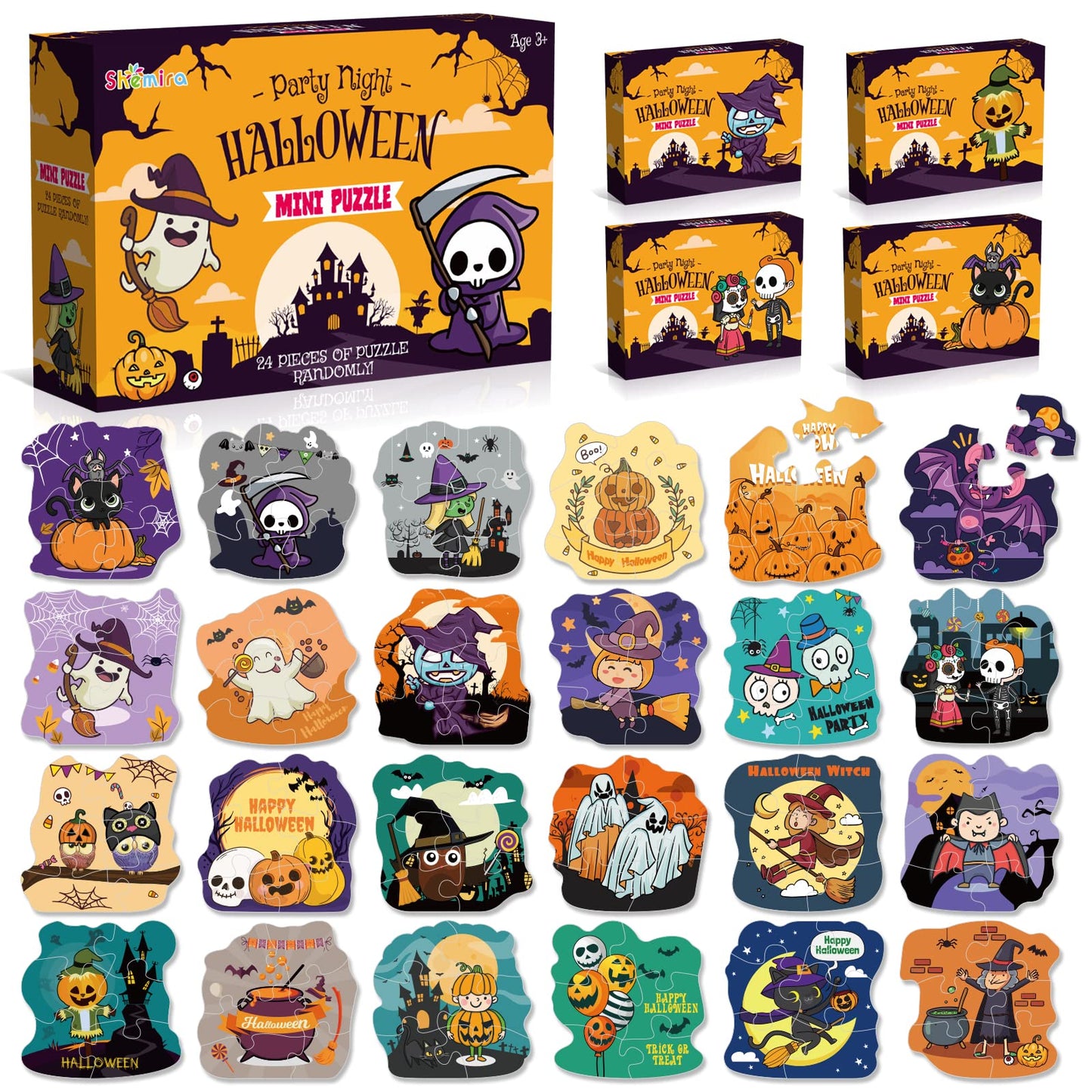 Shemira Halloween Party Favor for Kids, 24 Pack Jigsaw Puzzles in Halloween Theme Designs for Trick or Treating, Halloween Goodie Bag Filler,Miniatures Novelty Toy, School Classroom Reward