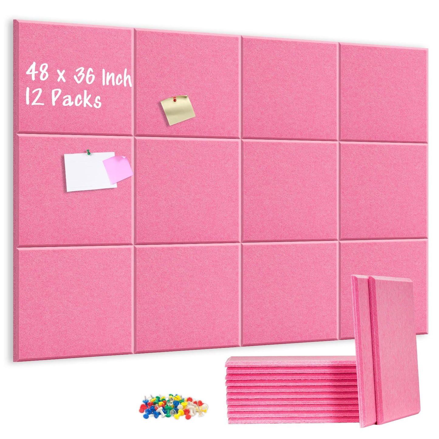 DOLLAR BOSS Large Cork Board for Wall 48" x 36" x 0.5" Pink Bulletin Board 12 Packs Corkboard Tiles Self Adhesive Felt Wall Tiles for Office Home School, Pink