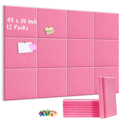DOLLAR BOSS Large Cork Board for Wall 48" x 36" x 0.5" Pink Bulletin Board 12 Packs Corkboard Tiles Self Adhesive Felt Wall Tiles for Office Home School, Pink