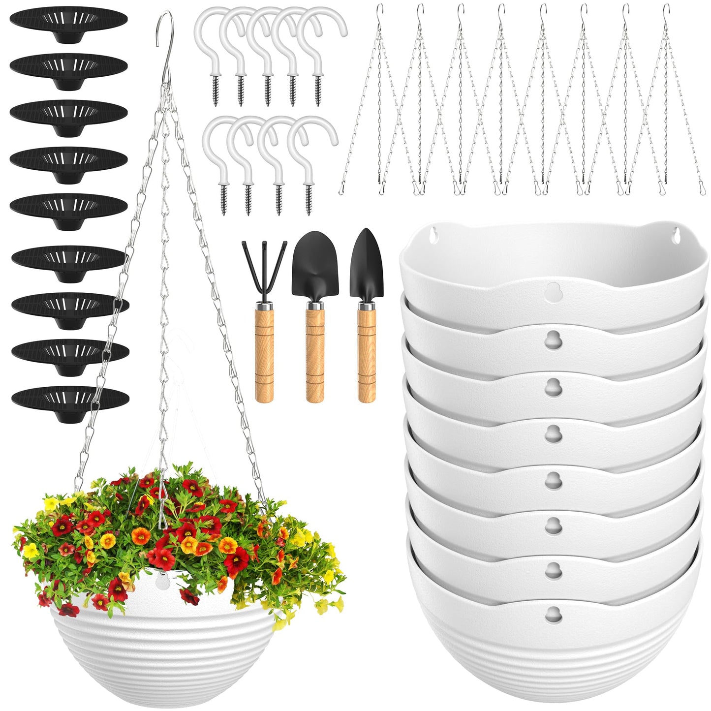REPICLIFE Hanging Planters, Set of 9 White Hanging Pots, 8" Hanging Flower Pots, Plant Pots with Drainage Plugs, Water Barrier and Chains, Come with Free Mini Garden Tools Set