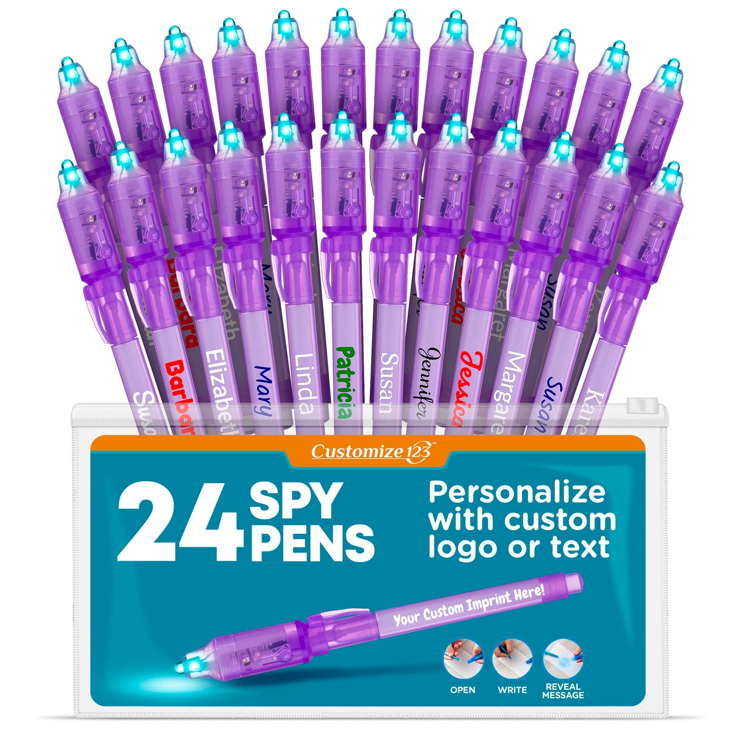 Personalized Invisible Disappearing Ink Pen Marker, Custom Secret Spy Message Writer with UV Light, Fun Activity for Kids Party Favors Gifts and Stock Stuffers, 24 Pack, Purple