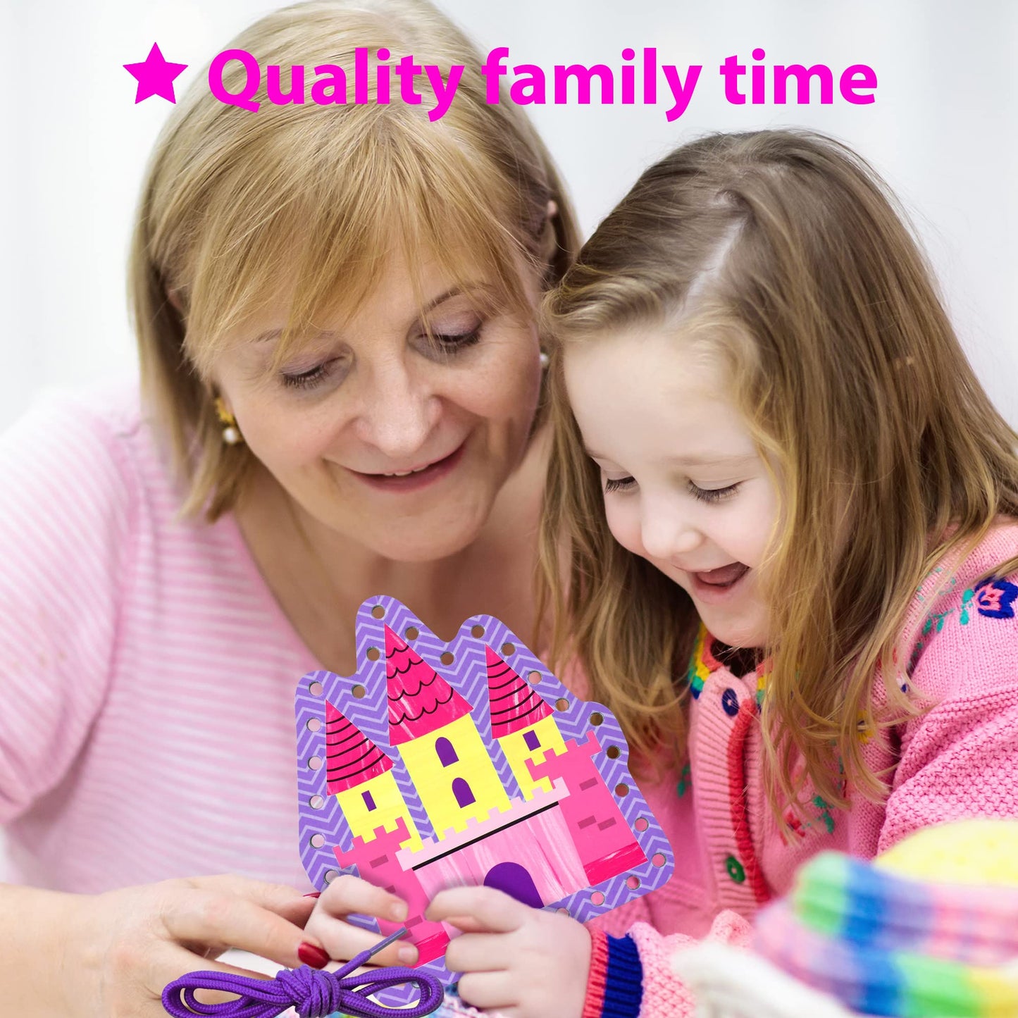 KRAFUN My First Lacing Cards Kit for Girls Age 3+, 10 Princess Unicorn Mermaid Arts & Crafts Projects, Fine Motor Skills Toys with Castle Fairy Crown Seahorse Starfish