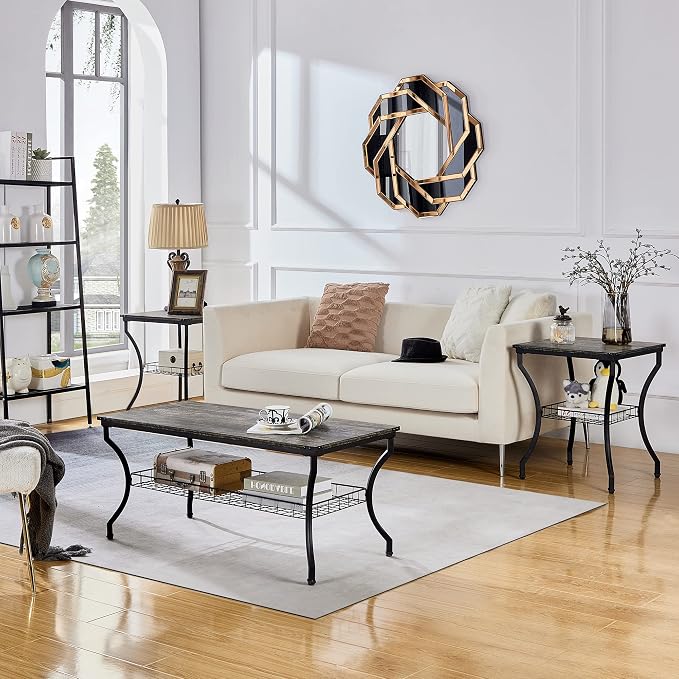 VECELO 3 Pieces Living Room Table Sets, Coffee and End Tables with Open Storage Shelves for Apartment, Home Office, Small Space, Easy Assembly, Grey Oak
