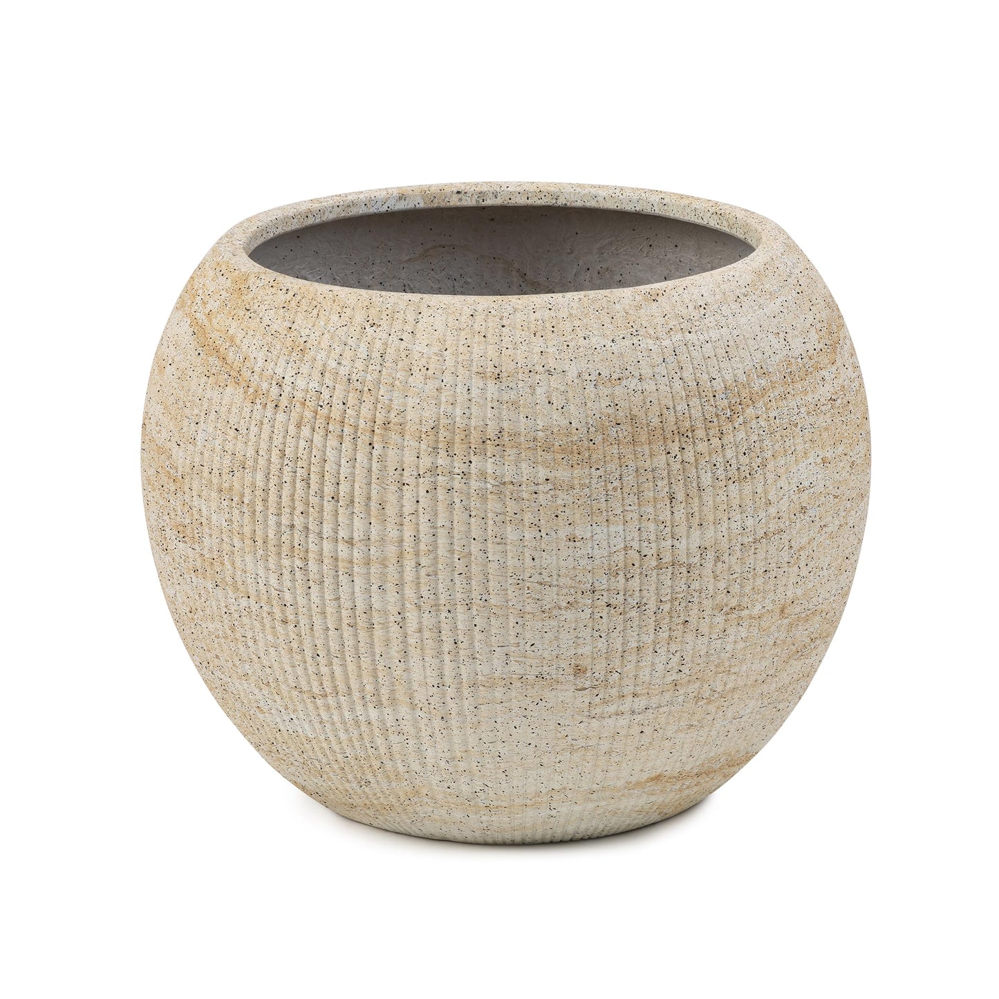 DEPLA LANE Marlo Fiberstone Round Planter (8.5" Pot Opening x 12.6" D x 9.8" H) Ribbed Finish, Lightweight, Durable, UV Resistant, Modern Home Decor, Indoor Outdoor Pot (S, Ribbed Travertine Beige)