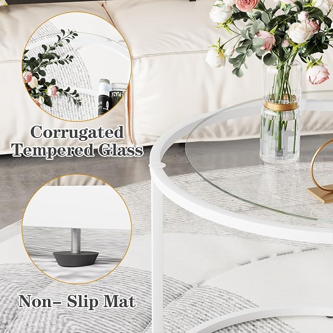aboxoo White Nesting Glass Table Set of 2, Small Glass Round Nesting Tables for Living Room Bedroom, Accent Tea Table with Metal Frame Modern Industrial Simple