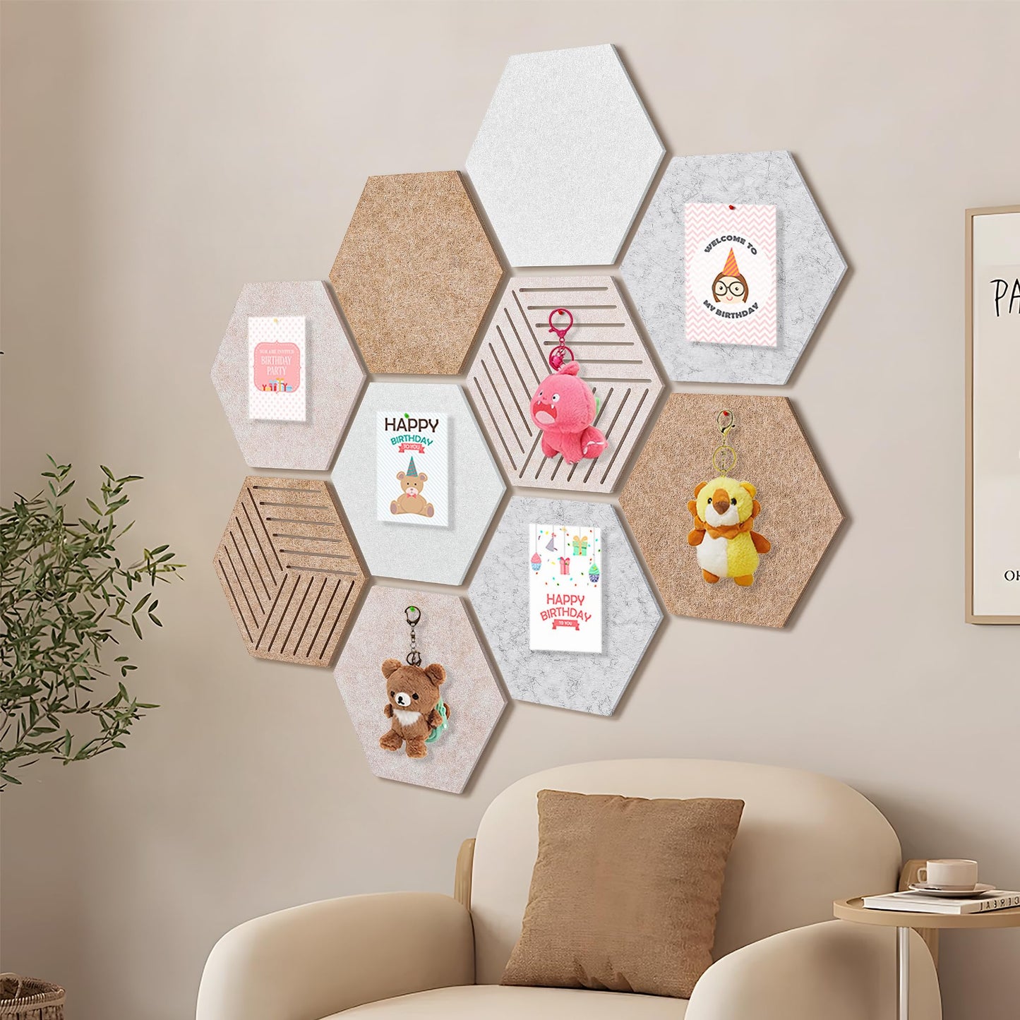 10 Pack Hexagon Cork Board Tiles Alternative, 12'' Fully Self-Adhesive Modern Felt Bulletin for Wall Decor, Frameless Pin Board for Office, Renter-Friendly Decorative Hexagon Corkboard with 30 Pins