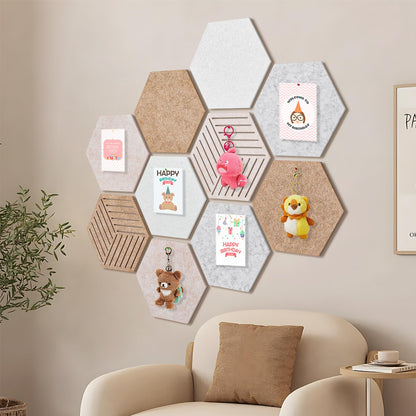 10 Pack Hexagon Cork Board Tiles Alternative, 12'' Fully Self-Adhesive Modern Felt Bulletin for Wall Decor, Frameless Pin Board for Office, Renter-Friendly Decorative Hexagon Corkboard with 30 Pins
