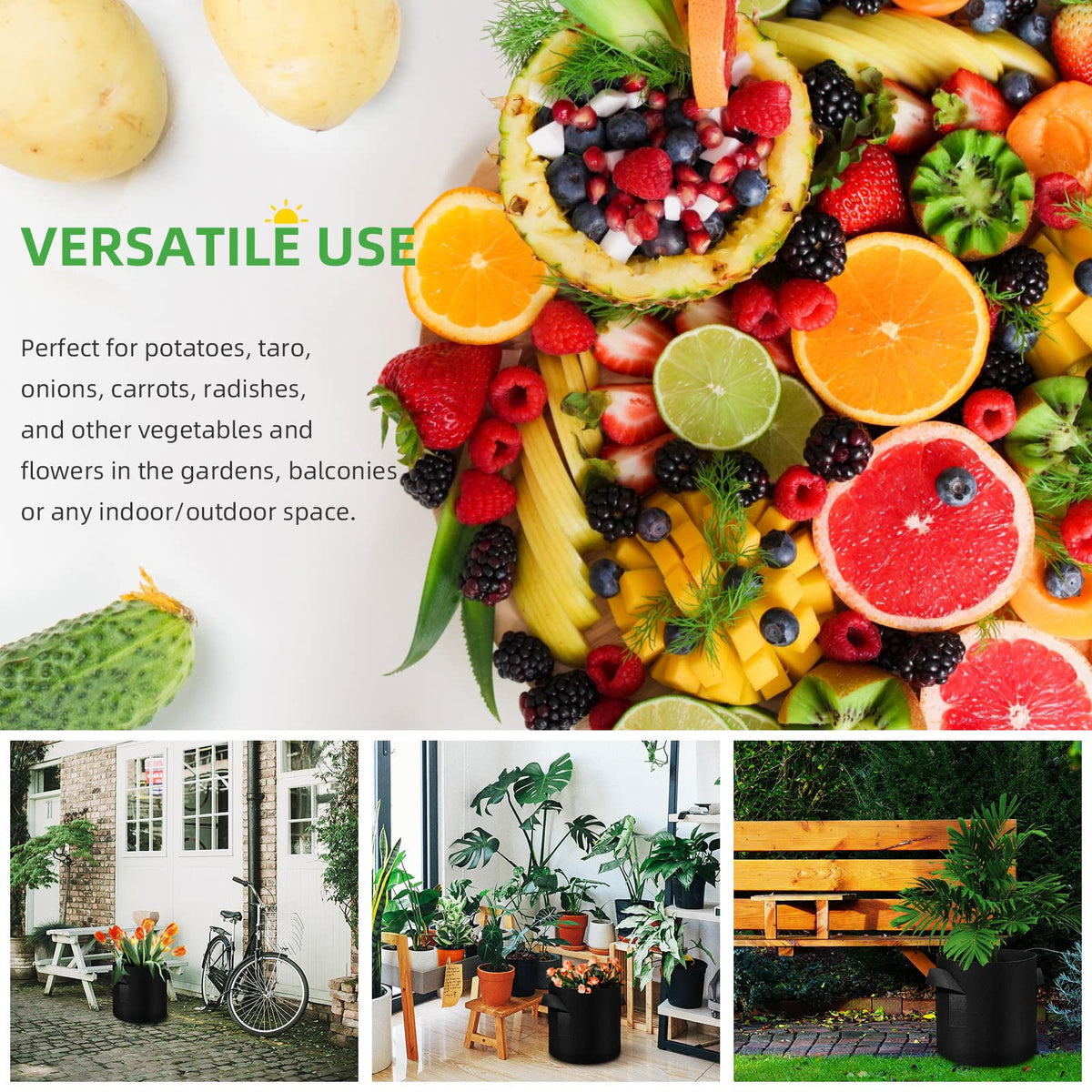 WHATWEARS 24 Pack 10 Gallon Plant Grow Bags, Thickened Nonwoven Fabric Pots with Handles, Vegetable Planter Bags Containers, Cloth Planters for Garden Vegetable/Flower/Plant/Fruits Outdoor (Black)