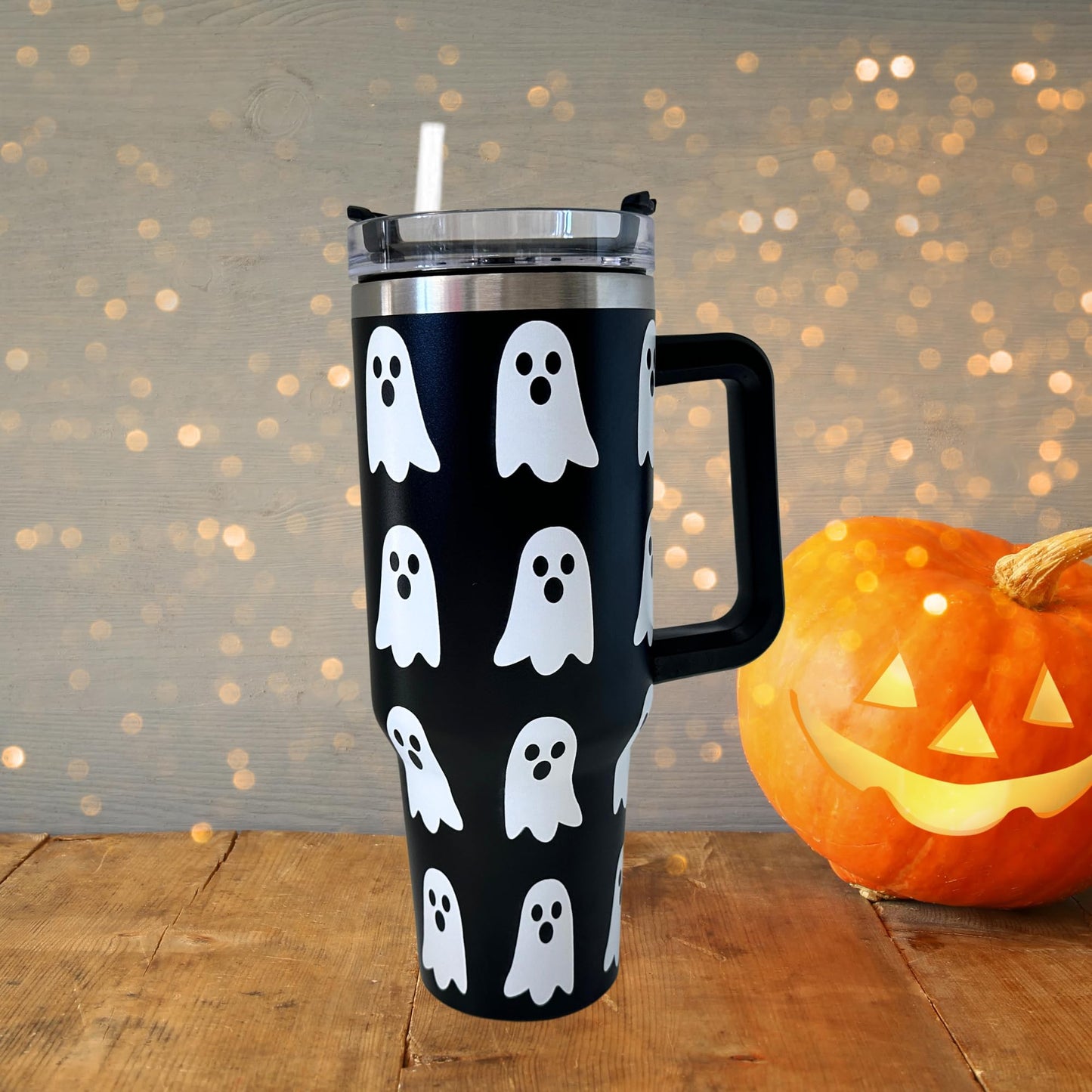 Lashicorn Ghost Boo 40 oz. Tumbler with Handle Black and White Halloween Modern Fall Cup with Lid and Straw Wrap Simply