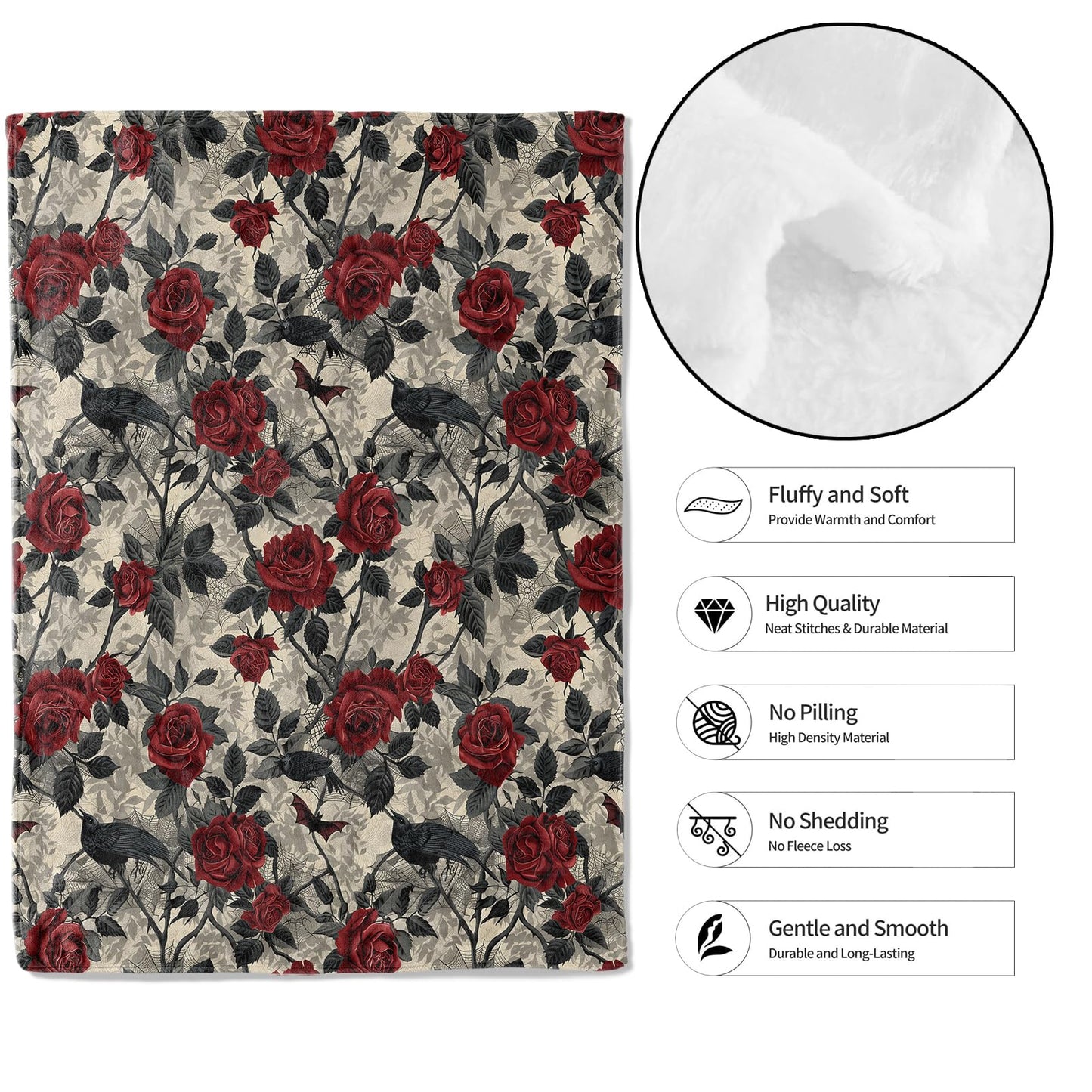 MIEPOS Gothic Rose Crow Throw Blanket, 50x60in, Soft, Lightweight Flannel,Dark Floral Halloween Throw with Red Rose Raven Bat Blankets, Horror Gifts, for Goth Home Living Room Decor