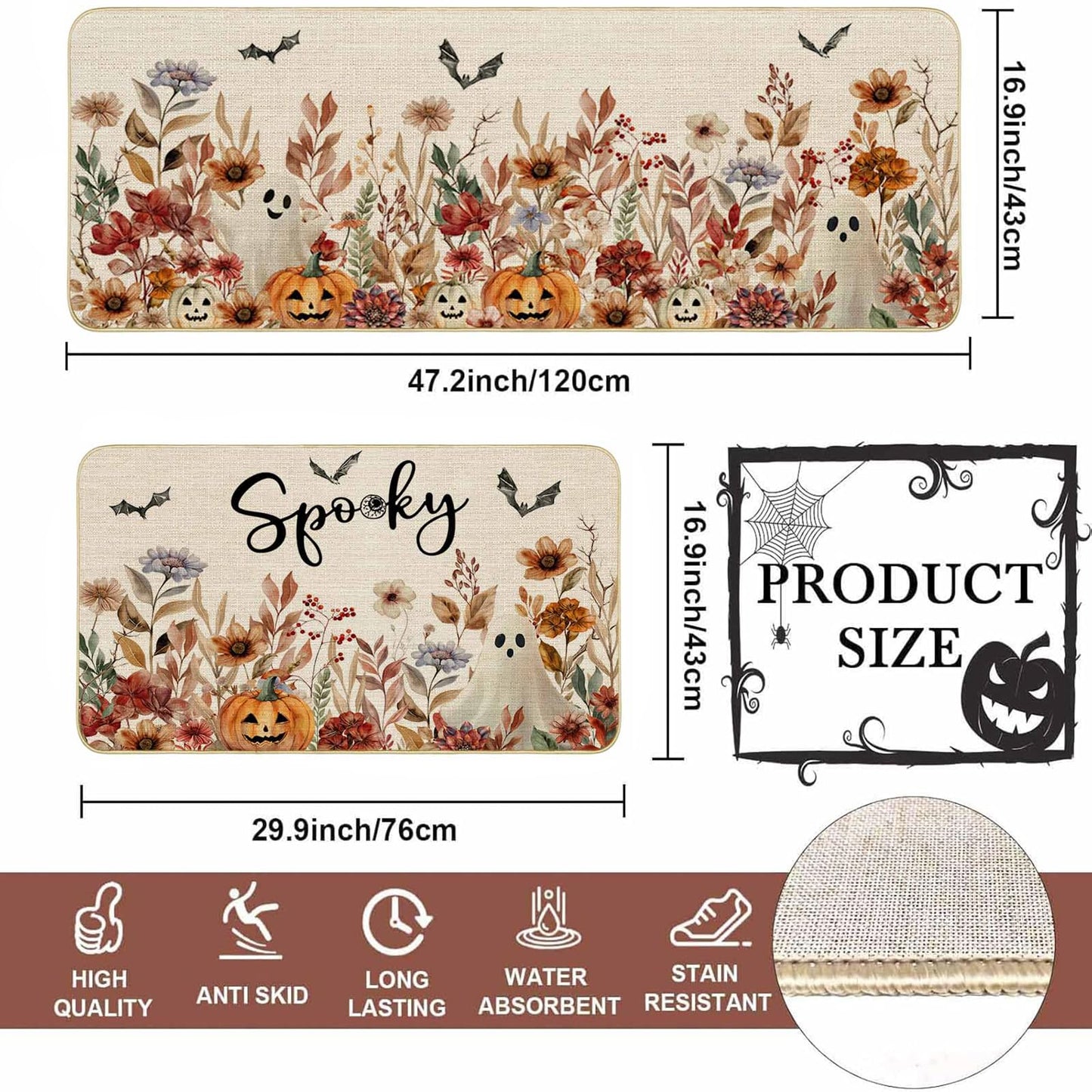 Mocsicka Halloween Kitchen Mats Set Spooky Ghost Pumpkin Kitchen Rug Gothic Floral Spider Bats Kitchen Mat for Halloween Kitchen Decor Non-Slip Washable Ghost Rug, 17 X 29 and 17 X 47 Inch