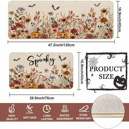 Mocsicka Halloween Kitchen Mats Set Spooky Ghost Pumpkin Kitchen Rug Gothic Floral Spider Bats Kitchen Mat for Halloween Kitchen Decor Non-Slip Washable Ghost Rug, 17 X 29 and 17 X 47 Inch