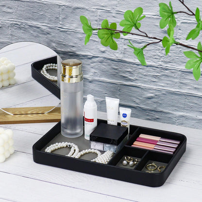 MultiBey Vegan Leather Valet Tray - 4-Compartment EDC Catchall Tray for Nightstand & Entryway Table - Minimalist Desk Organizer for Keys, Wallet, Watch, Phone & Jewelry Black